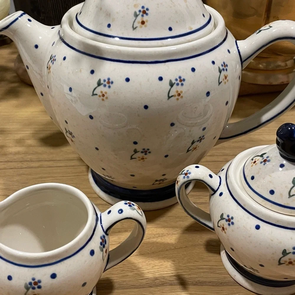 Blue Rose Polish Pottery Country Meadow 3 PC Coffee Pot Set with Bird Topper